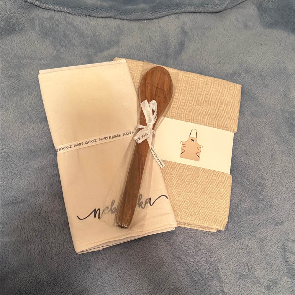 Beige and Cream Kitchen Towel Set with Wooden Spoon